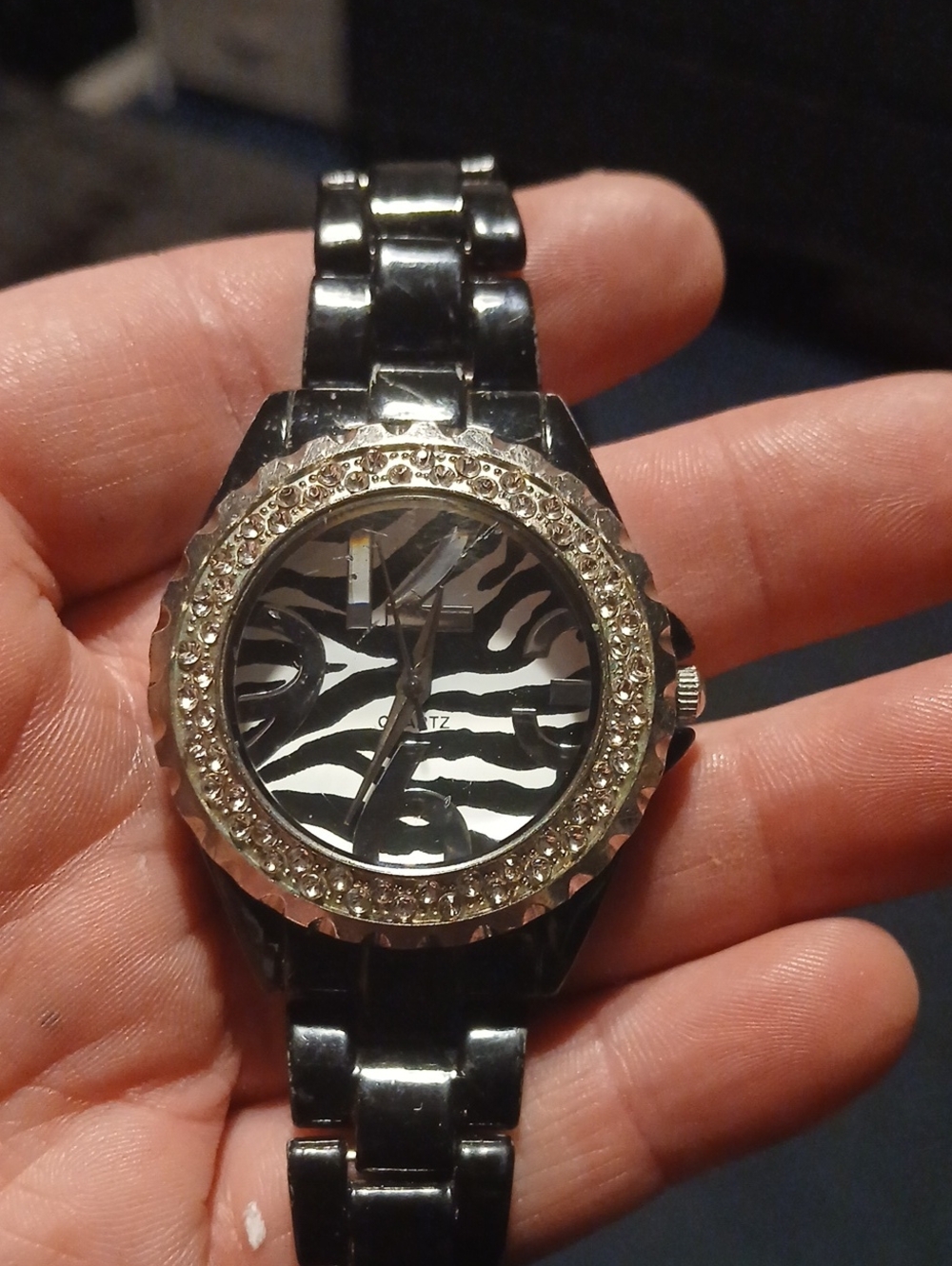 Women's Zebra Print Crystal Bezel Bracelet Watch - Black